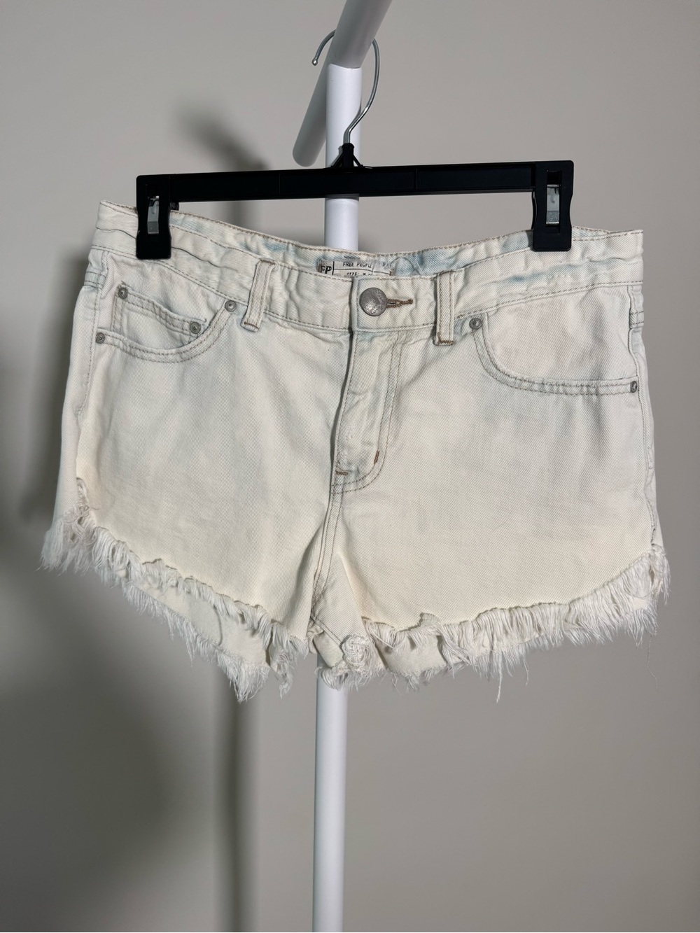 Free People Cream Frayed Hem Denim Shorts